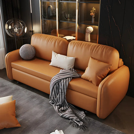 Brown Stain Resistant Faux Leather Pillow Back Sofa Bed Image - 2