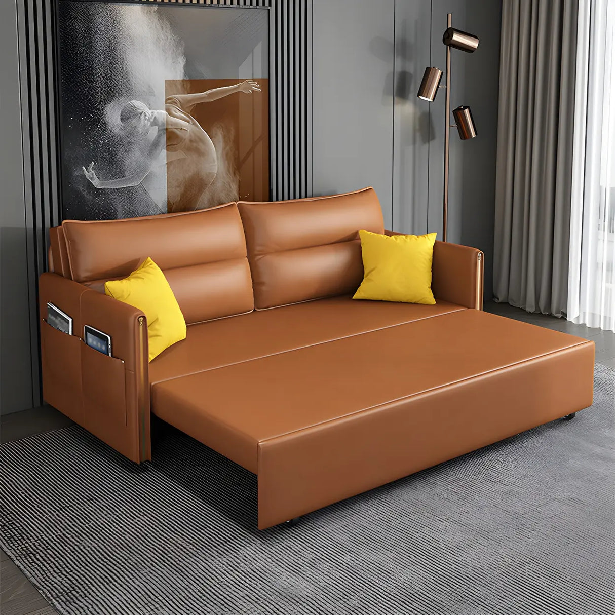 Brown Stain Resistant Faux Leather Storage Sofa Bed Image - 3