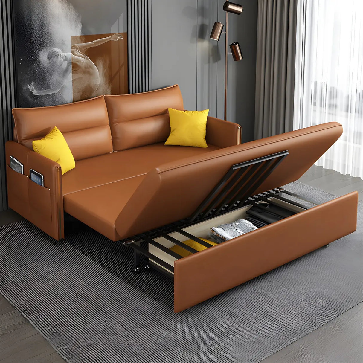 Brown Stain Resistant Faux Leather Storage Sofa Bed Image - 4