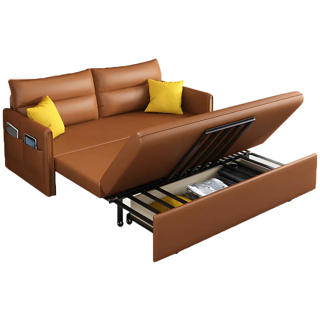 Brown Stain Resistant Faux Leather Storage Sofa Bed Image - 8