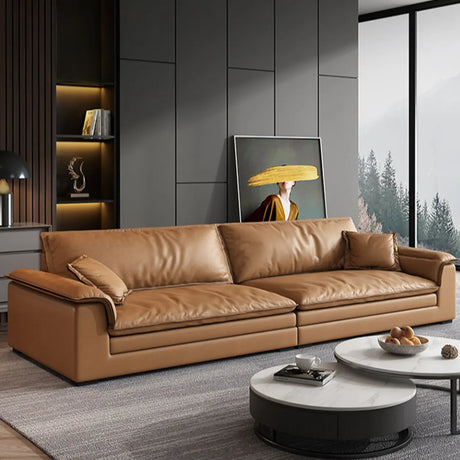 Brown Stain Resistant Leather Flared Arm Pillow Sofa Image - 1