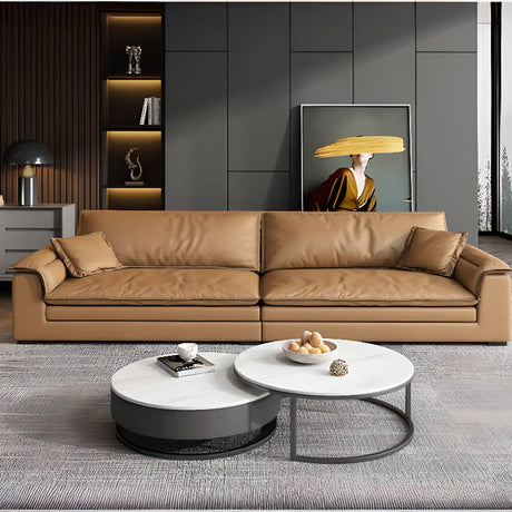 Brown Stain Resistant Leather Flared Arm Pillow Sofa Image - 2