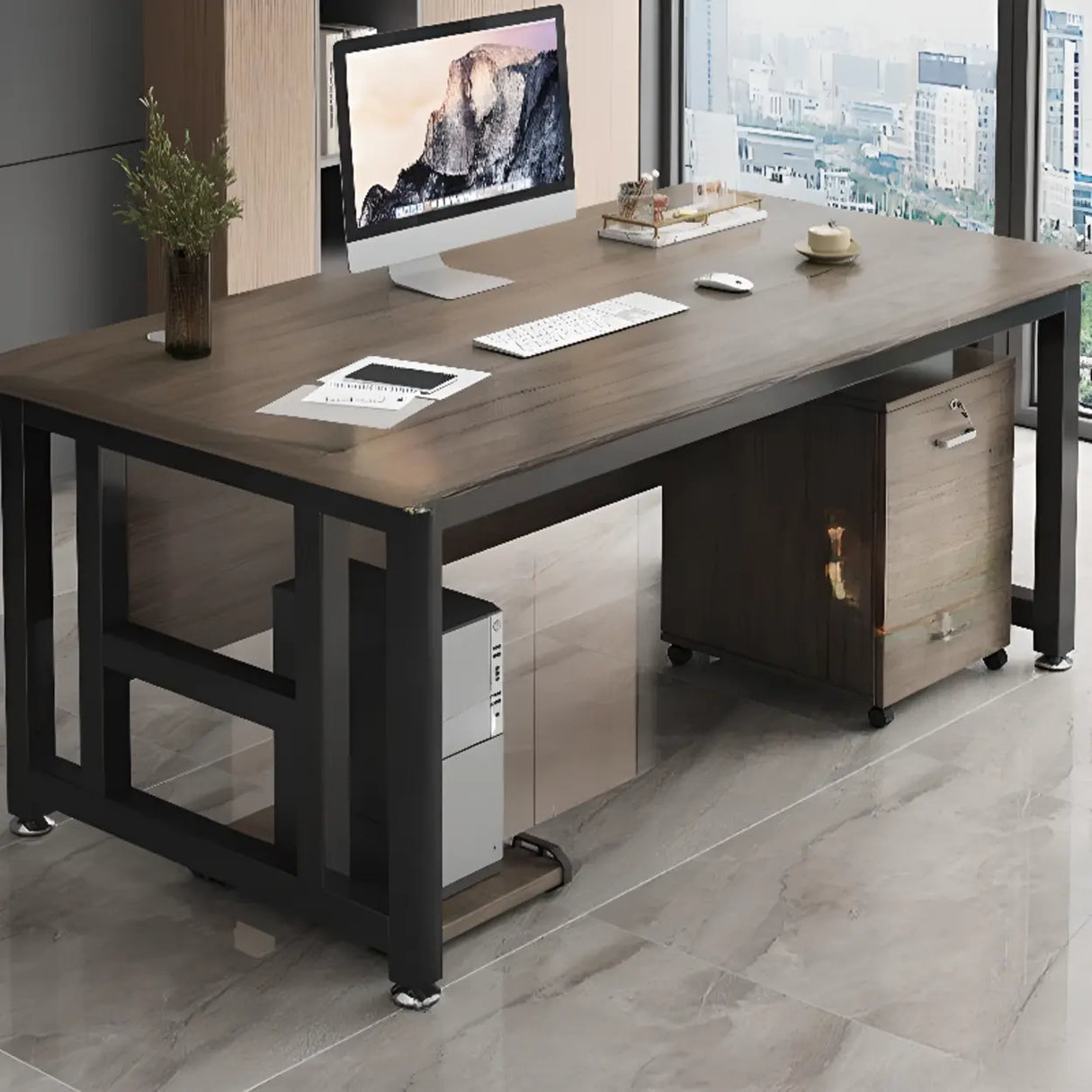 Brown Standard Auburn Wooden Computer Desk with Shelves Image - 4