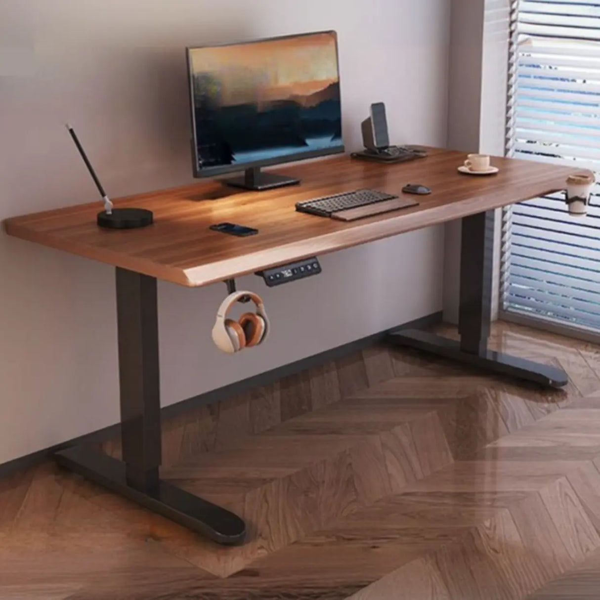 Brown Standard Height-Adjustable Wooden Computer Desk Image - 1