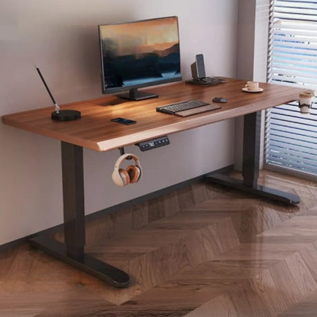 Brown Standard Height-Adjustable Wooden Computer Desk Image - 1