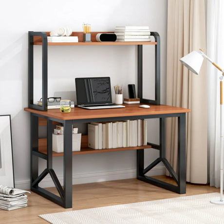 Brown Standard Sled Wooden Desk with Shelves and Hutch Image - 1