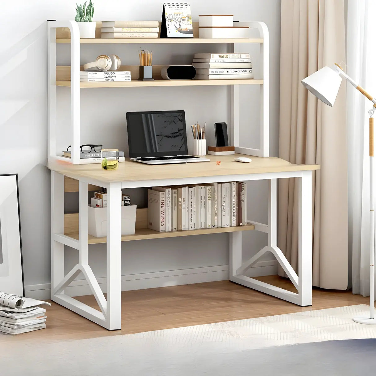 Brown Standard Sled Wooden Desk with Shelves and Hutch Image - 11