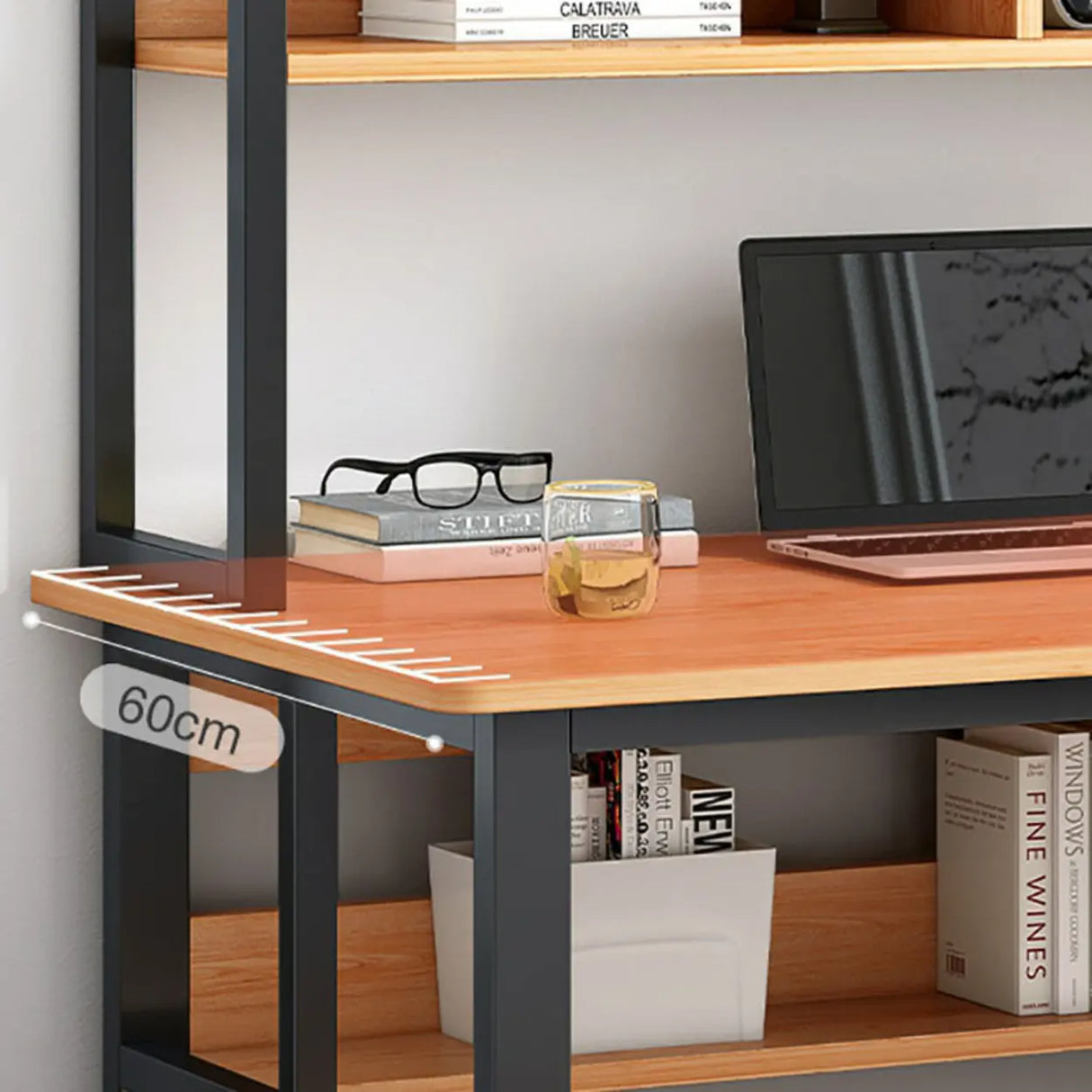 Brown Standard Sled Wooden Desk with Shelves and Hutch Image - 12
