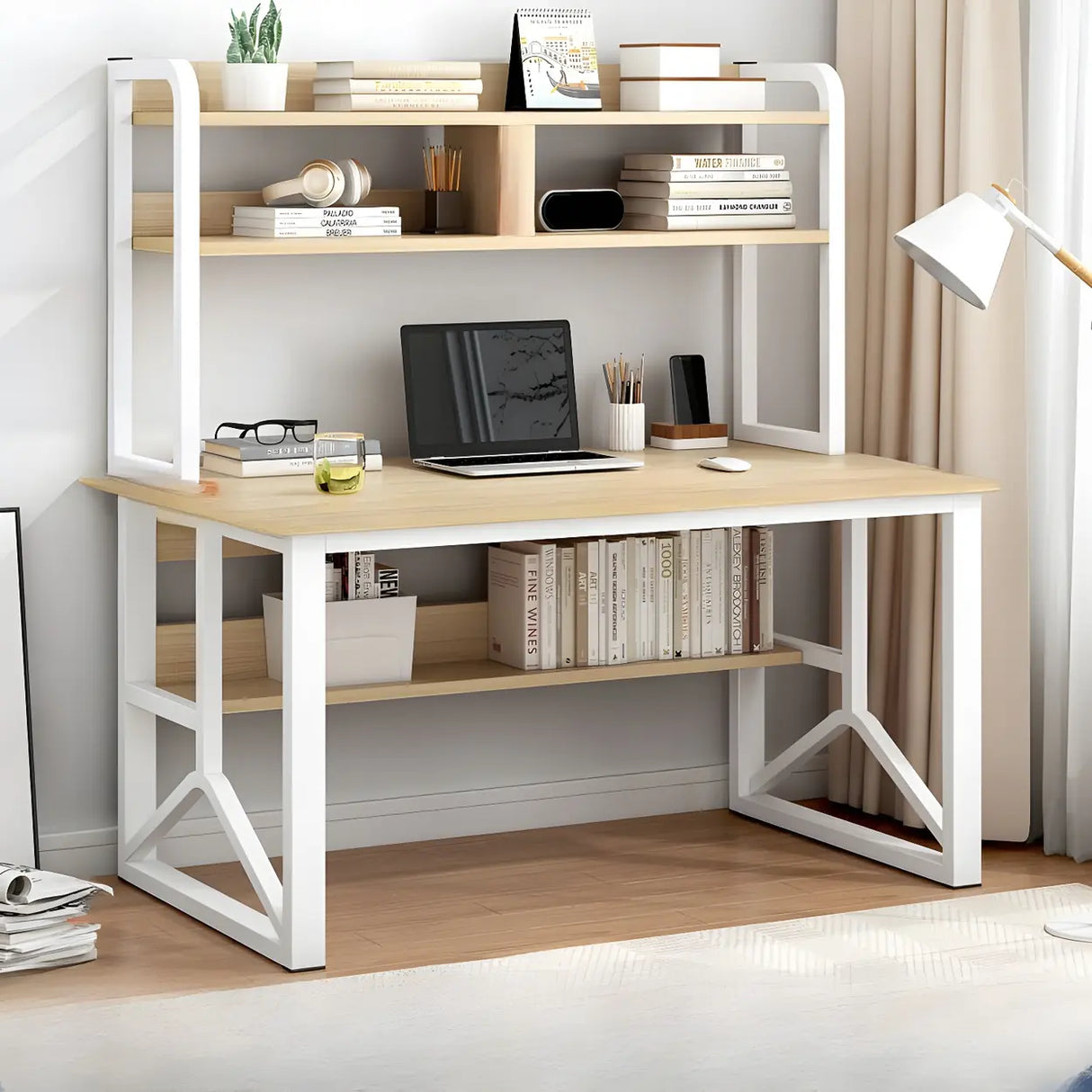 Brown Standard Sled Wooden Desk with Shelves and Hutch Image - 13