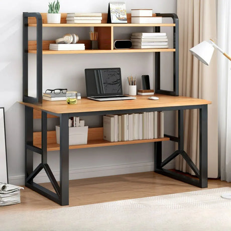 Brown Standard Sled Wooden Desk with Shelves and Hutch Image - 2