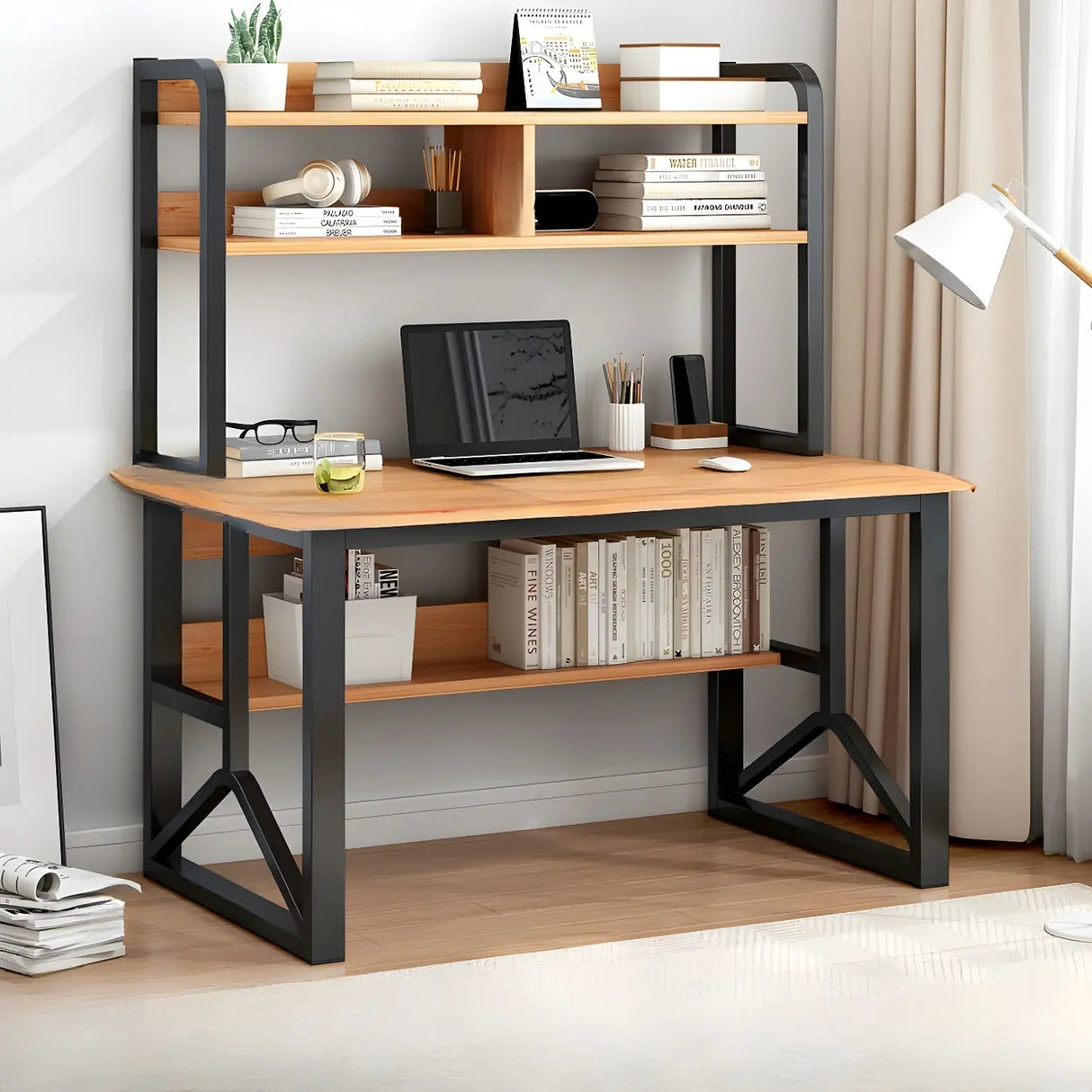 Brown Standard Sled Wooden Desk with Shelves and Hutch Image - 3