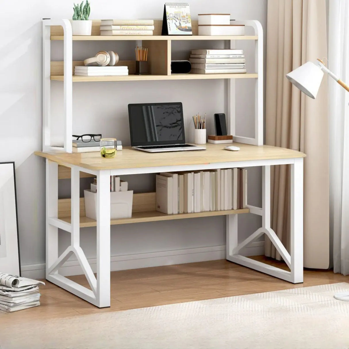 Brown Standard Sled Wooden Desk with Shelves and Hutch Image - 4