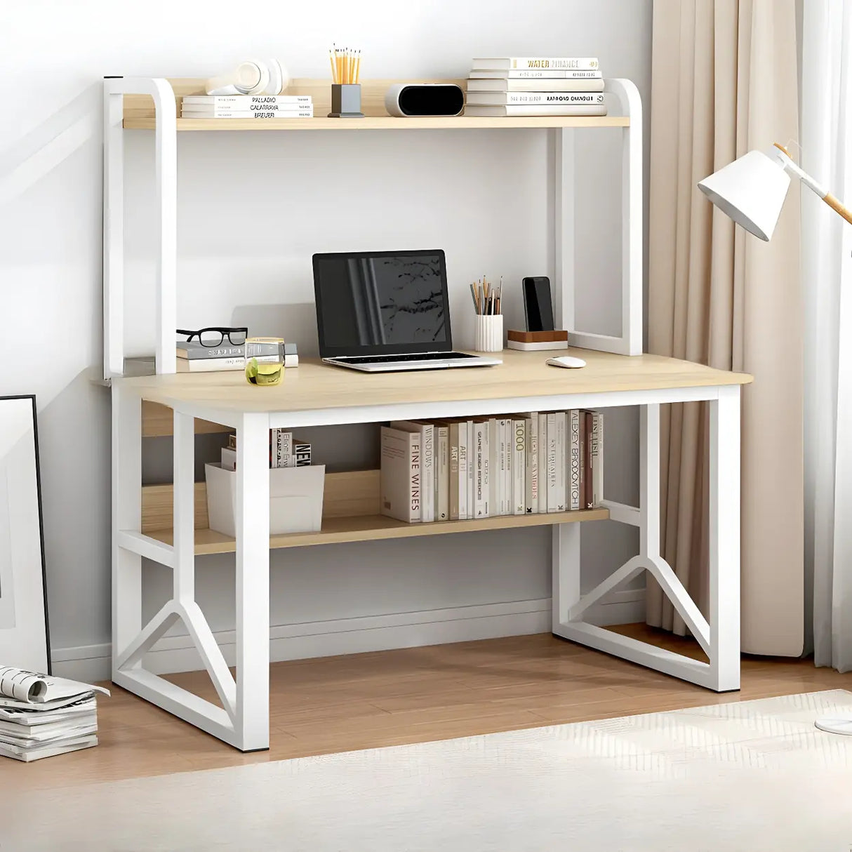 Brown Standard Sled Wooden Desk with Shelves and Hutch Image - 5