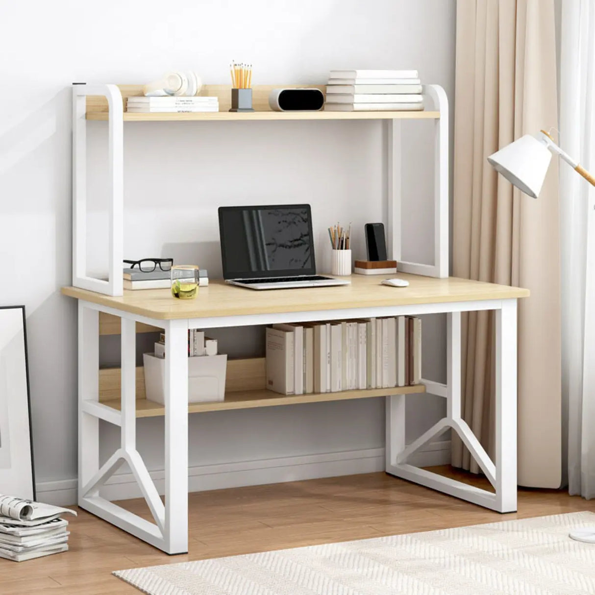 Brown Standard Sled Wooden Desk with Shelves and Hutch Image - 6