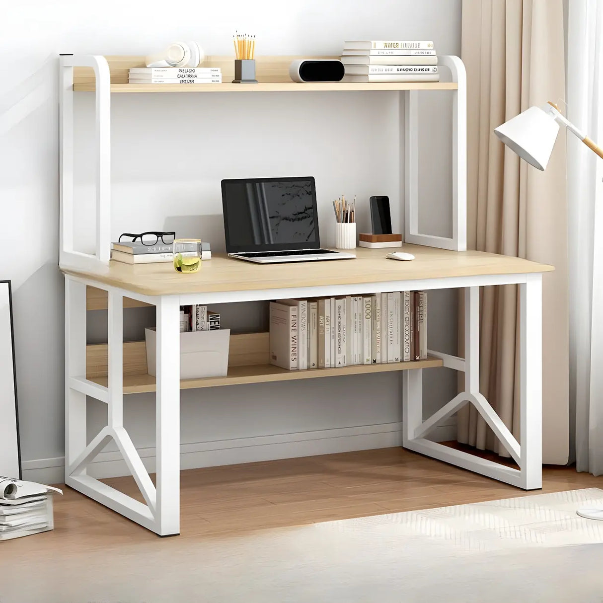 Brown Standard Sled Wooden Desk with Shelves and Hutch Image - 7