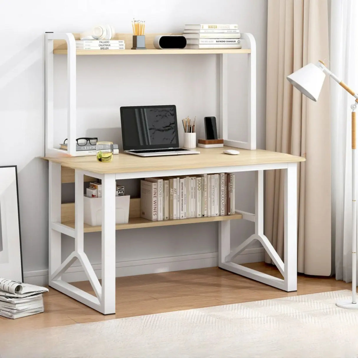 Brown Standard Sled Wooden Desk with Shelves and Hutch Image - 9