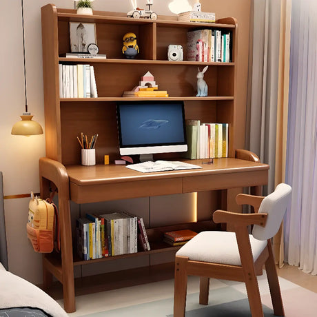 Brown Standard Wood Writing Desk with Hutch and Storage Image - 2