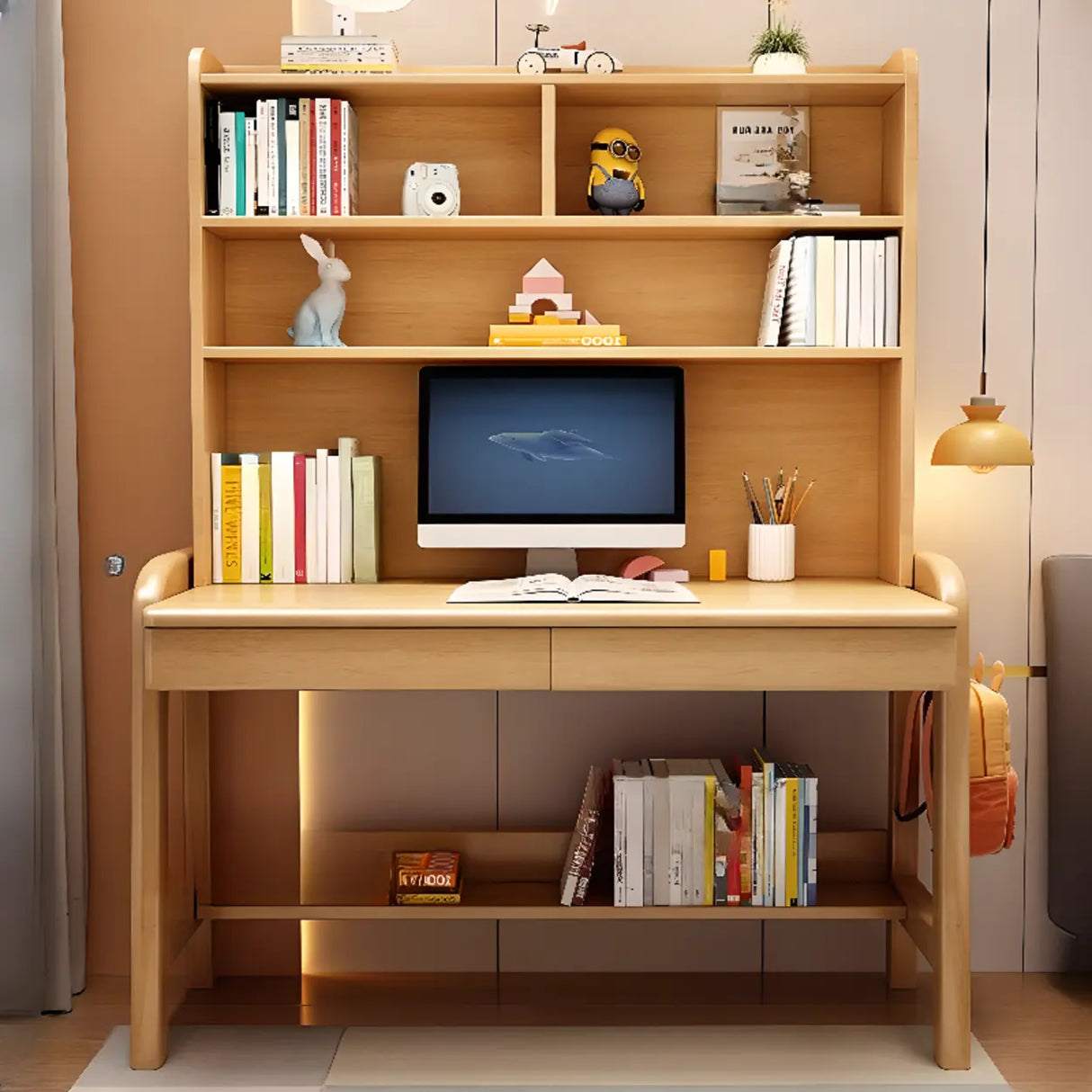 Brown Standard Wood Writing Desk with Hutch and Storage Image - 3