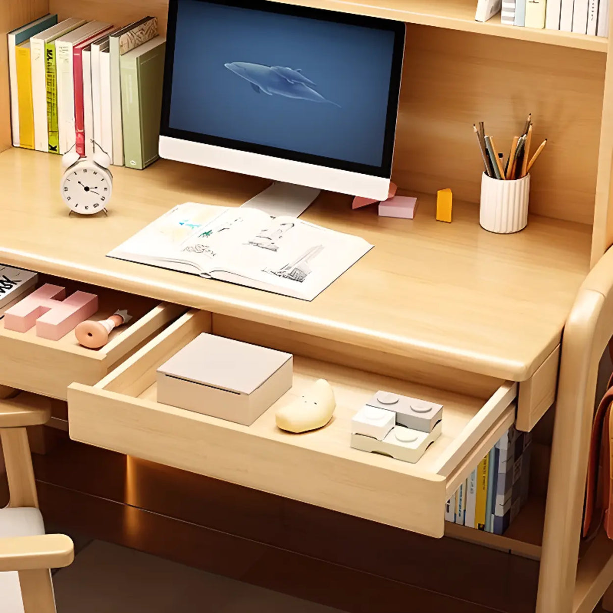 Brown Standard Wood Writing Desk with Hutch and Storage Image - 4