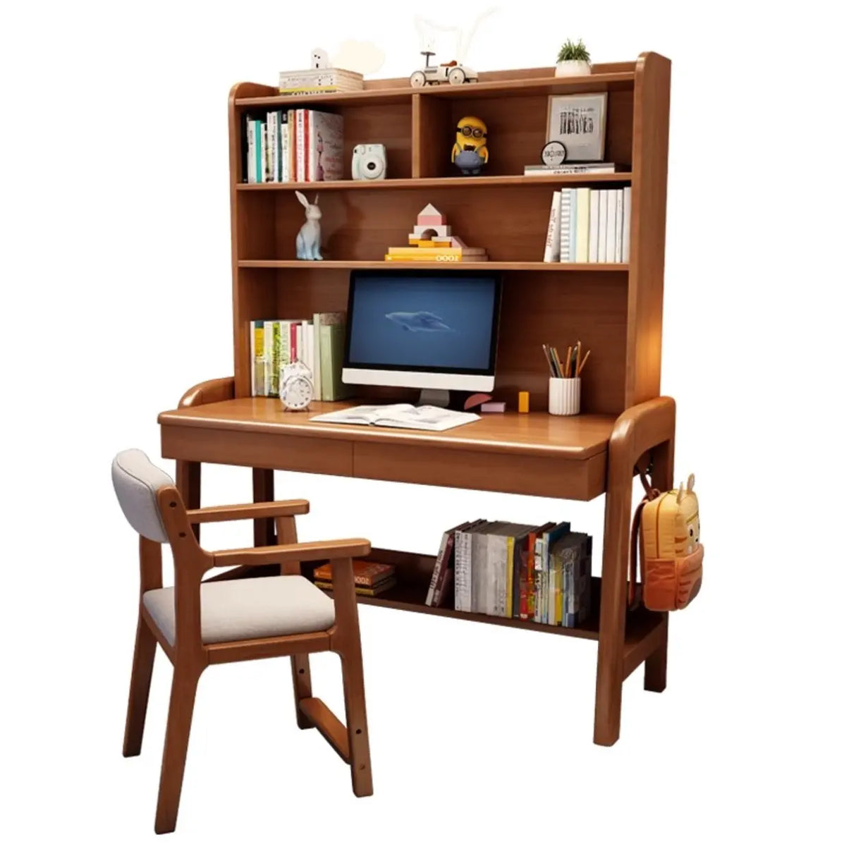 Brown Standard Wood Writing Desk with Hutch and Storage Image - 5