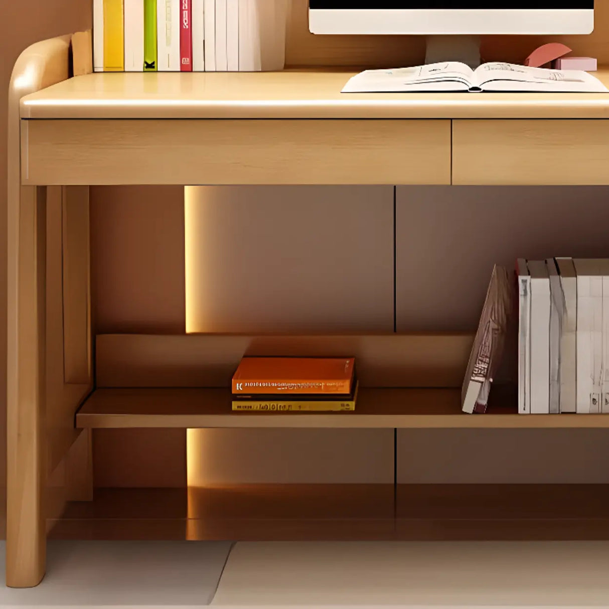 Brown Standard Wood Writing Desk with Hutch and Storage Image - 6