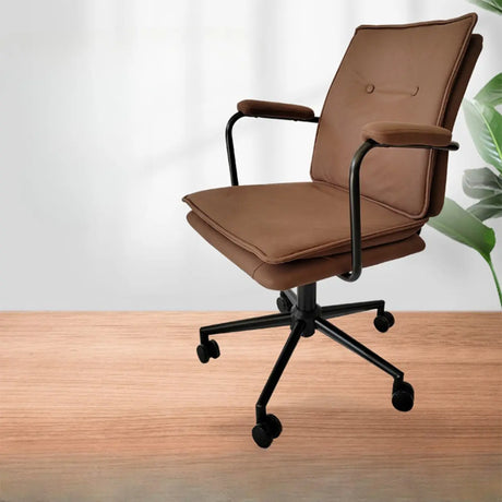 Brown Swivel Tufted Leather Office Chair with Fixed Arms Image - 1