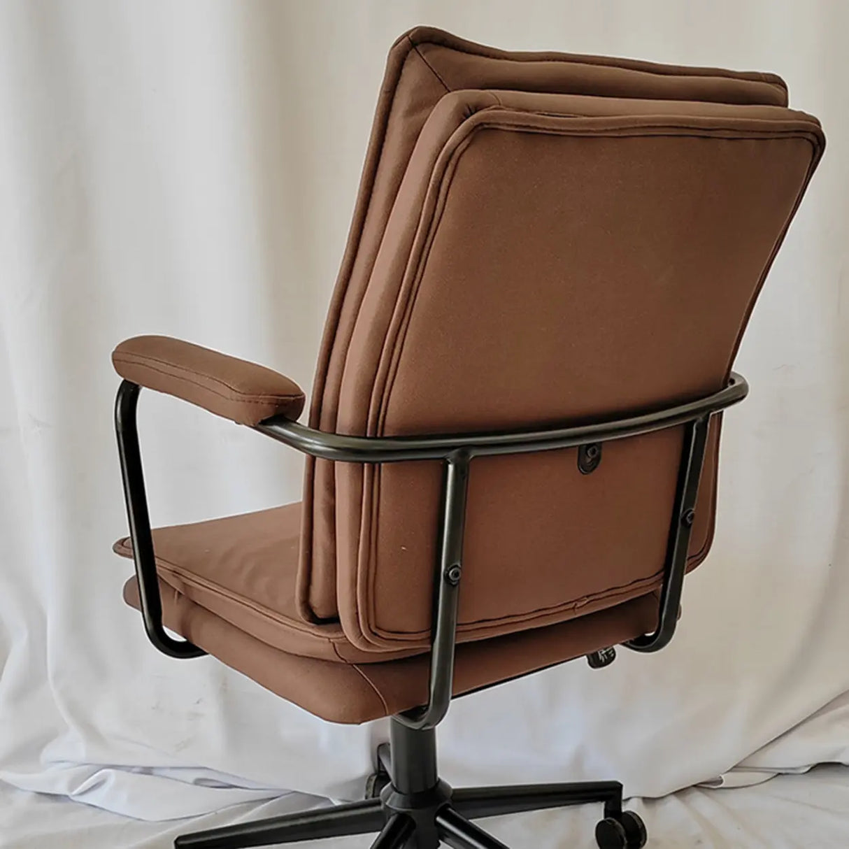 Brown Swivel Tufted Leather Office Chair with Fixed Arms Image - 10