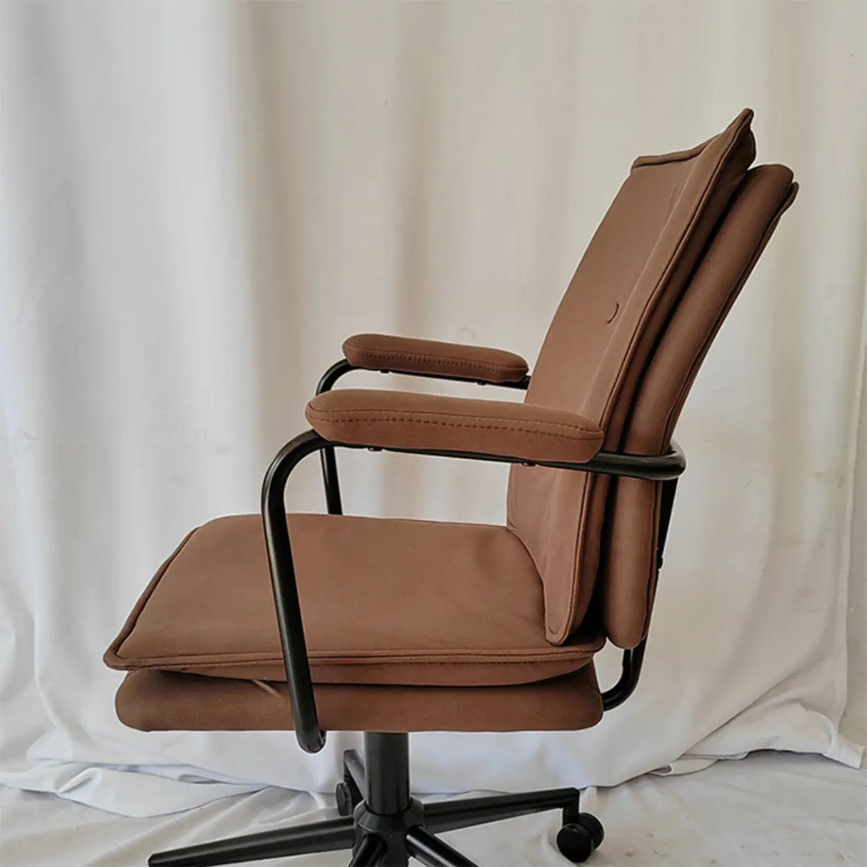 Brown Swivel Tufted Leather Office Chair with Fixed Arms Image - 11