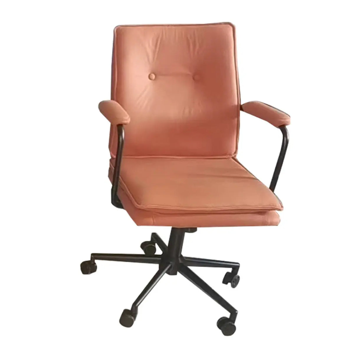 Brown Swivel Tufted Leather Office Chair with Fixed Arms Image - 3
