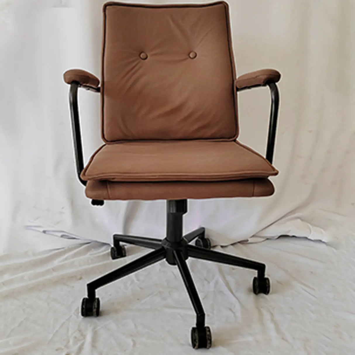 Brown Swivel Tufted Leather Office Chair with Fixed Arms Image - 4