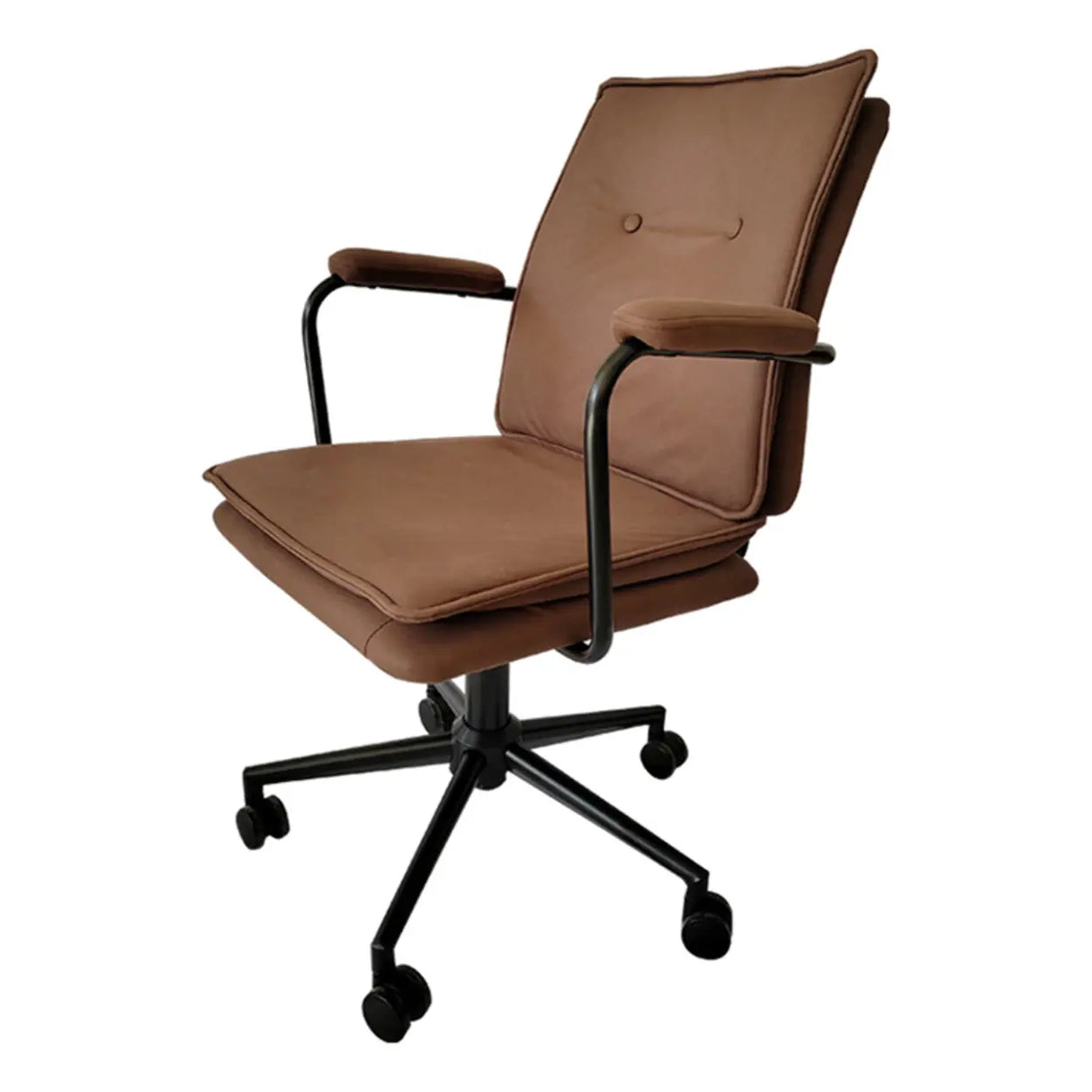 Brown Swivel Tufted Leather Office Chair with Fixed Arms Image - 5