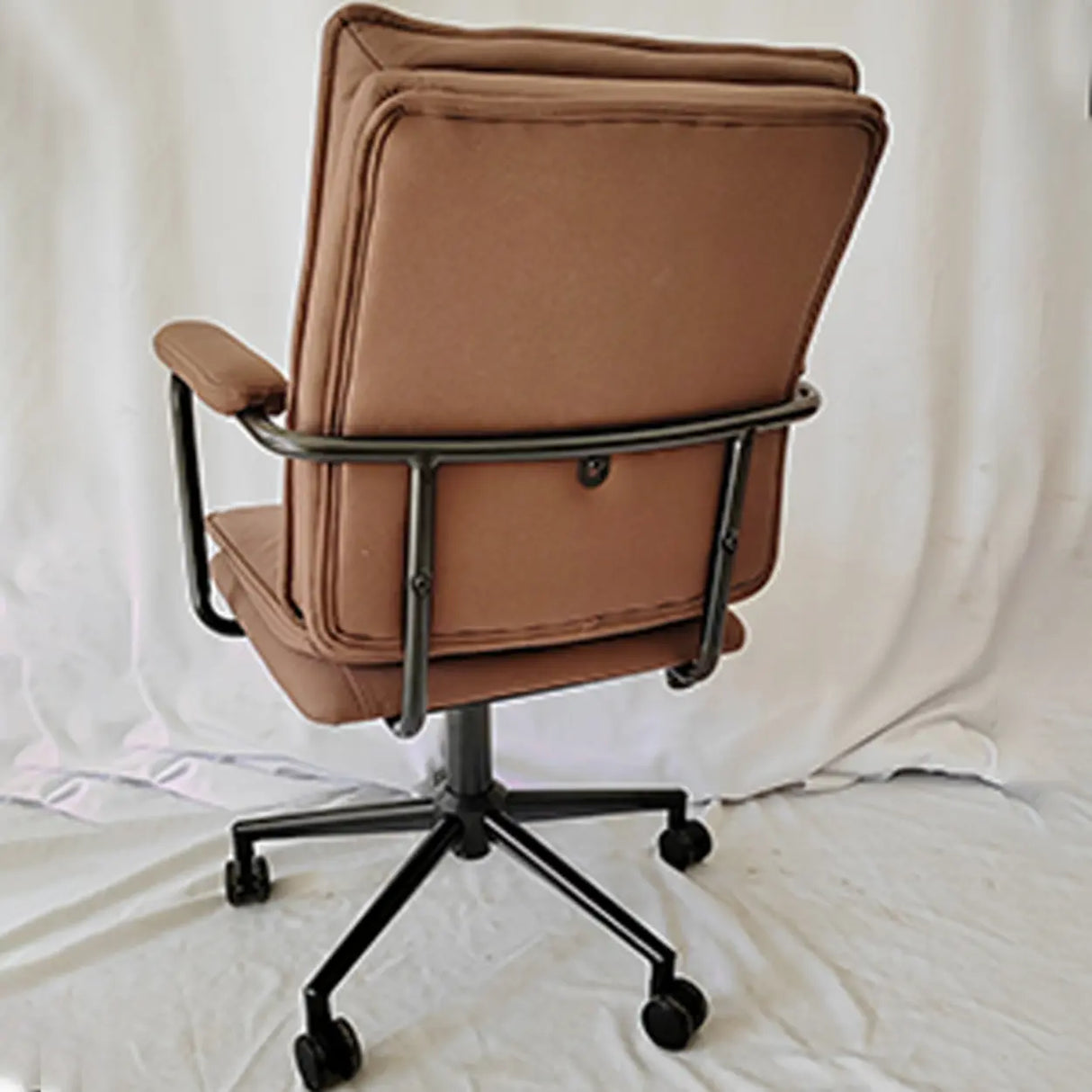 Brown Swivel Tufted Leather Office Chair with Fixed Arms Image - 8