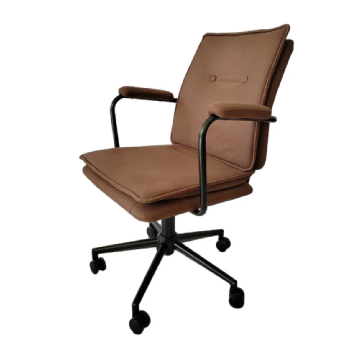 Brown Swivel Tufted Leather Office Chair with Fixed Arms Image - 9