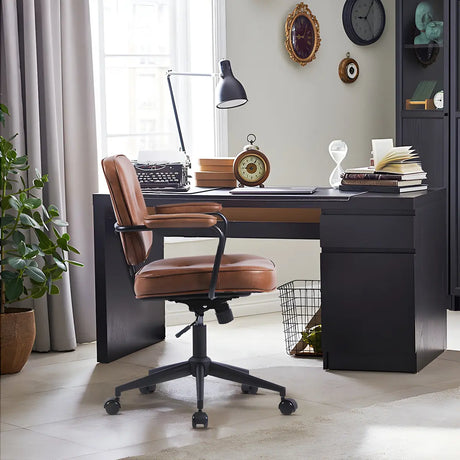 Brown Swivel Tufted Leather Office Chair with Wheels Image - 1