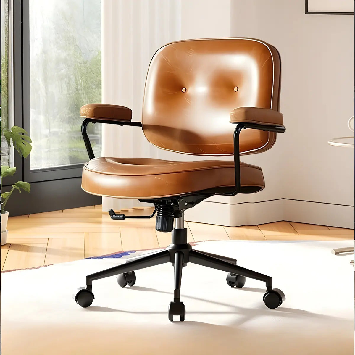 Brown Swivel Tufted Leather Office Chair with Wheels Image - 2