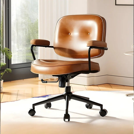 Brown Swivel Tufted Leather Office Chair with Wheels Image - 2