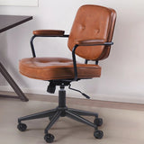 Brown Swivel Tufted Leather Office Chair with Wheels Image - 3
