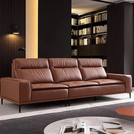 Brown Tear Resistant Leather Biscuit Back 3-Seats Sofa Image - 1