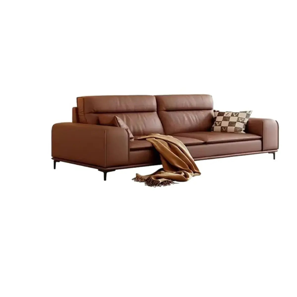 Brown Tear Resistant Leather Biscuit Back 3-Seats Sofa Image - 2