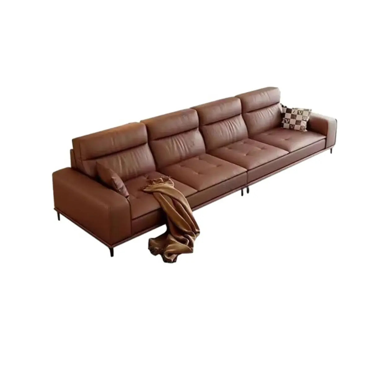 Brown Tear Resistant Leather Biscuit Back 3-Seats Sofa Image - 3