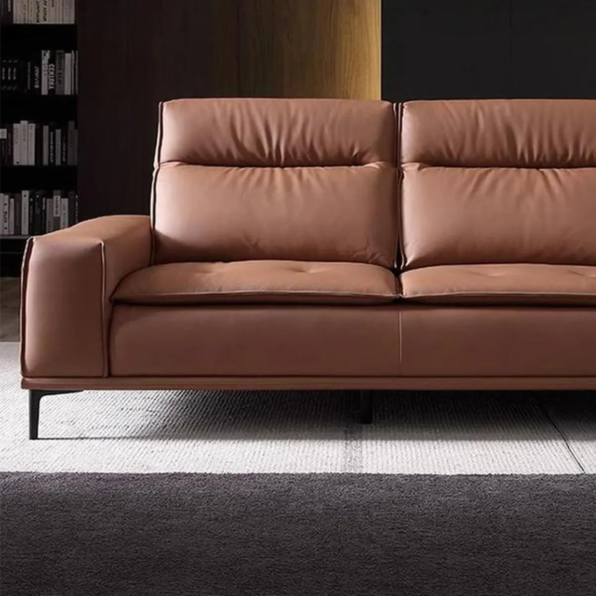 Brown Tear Resistant Leather Biscuit Back 3-Seats Sofa Image - 4