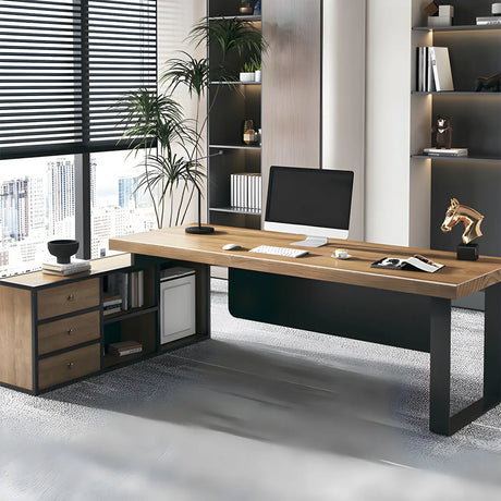Brown Timber Black Base L-Shape Office Executive Desk Image - 1