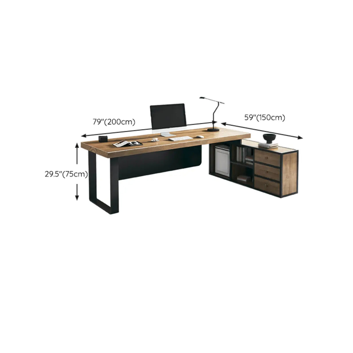 Brown Timber Black Base L-Shape Office Executive Desk Image - 14