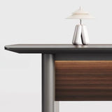 Brown Top Gray Base Long L-Shaped Wood Executive Desk Image - 6