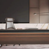 Brown Top Gray Base Long L-Shaped Wood Executive Desk Image - 7
