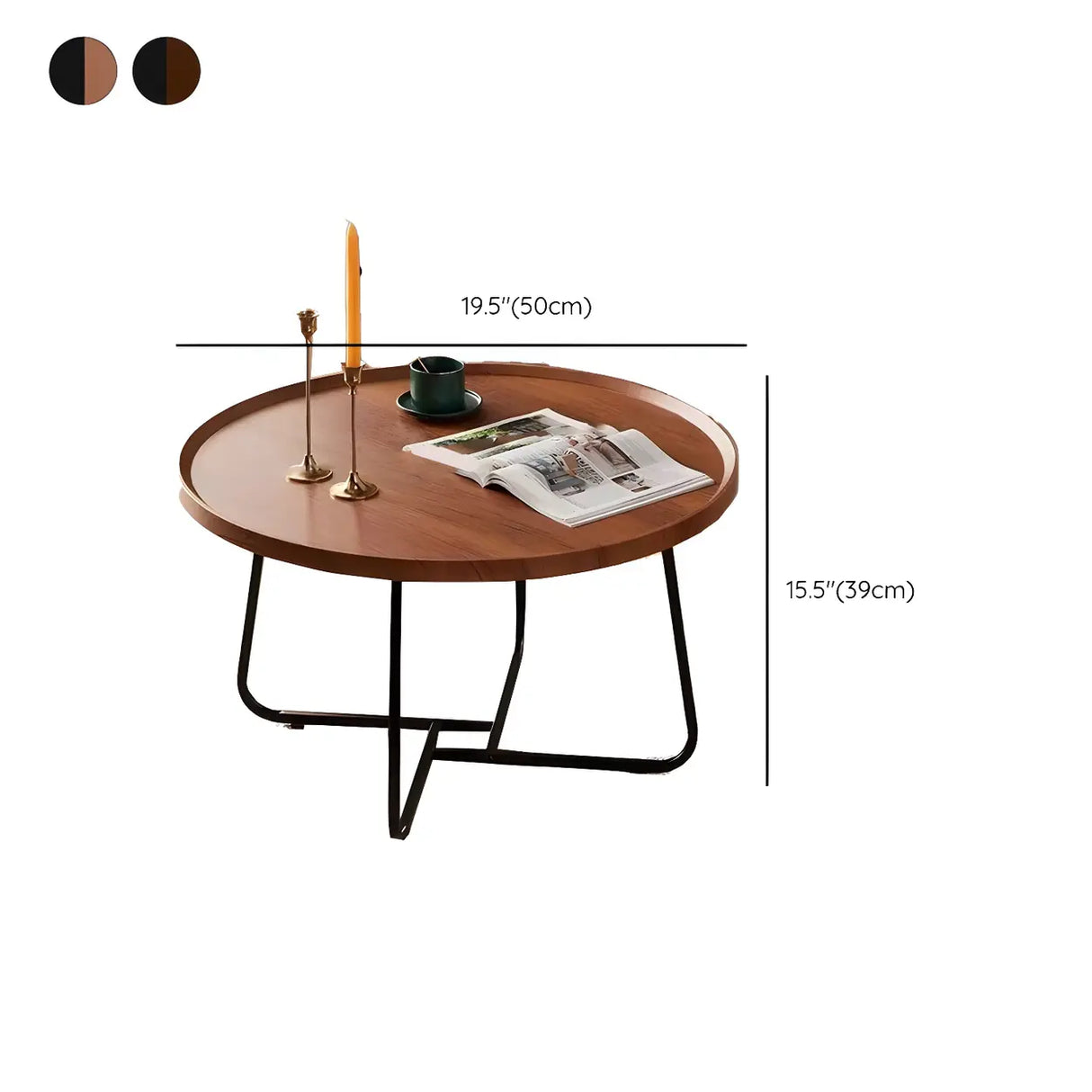 Brown Tray Top Round Coffee Table with Cross Legs 