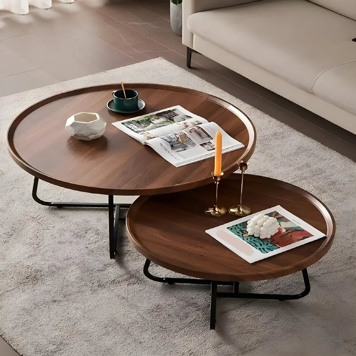 Brown Tray Top Round Coffee Table with Cross Legs Image - 6