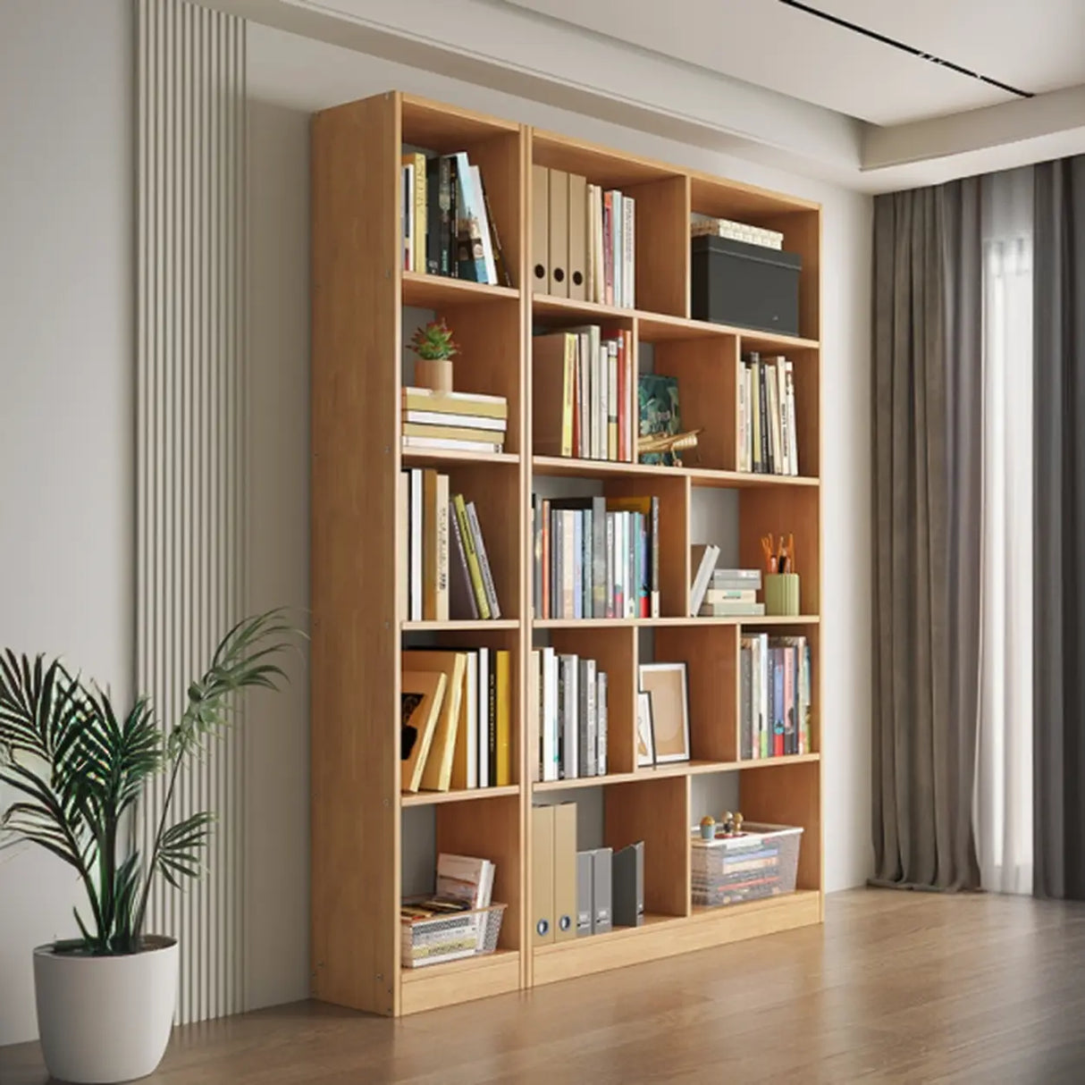 Brown Vertical Modish Open Back Wood Tall Bookcase Image - 4