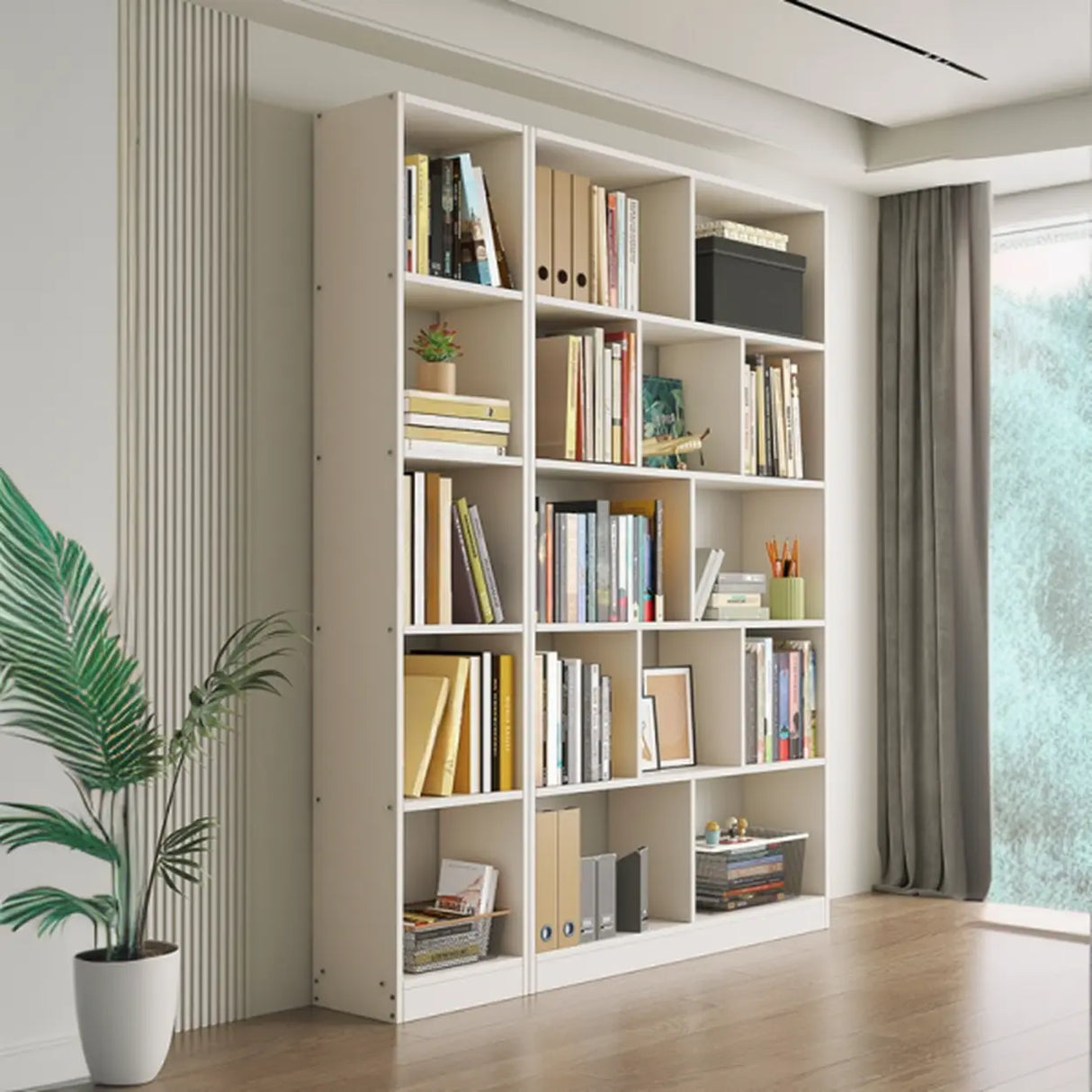 Brown Vertical Modish Open Back Wood Tall Bookcase Image - 6