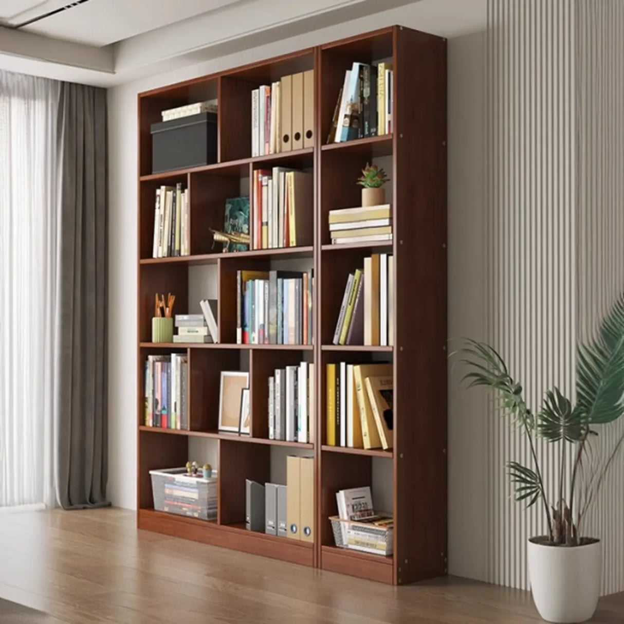 Brown Vertical Modish Open Back Wood Tall Bookcase Image - 8